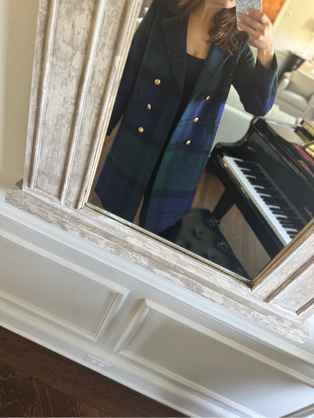 Talbots Navy & Green Plaid Double-Breasted Pea Coat